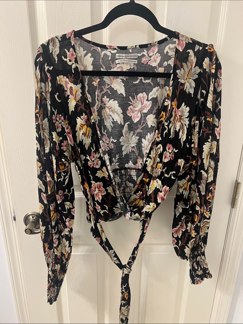 Urban Outfitters Black Floral Tie-Front Top with Pink & Cream Blooms